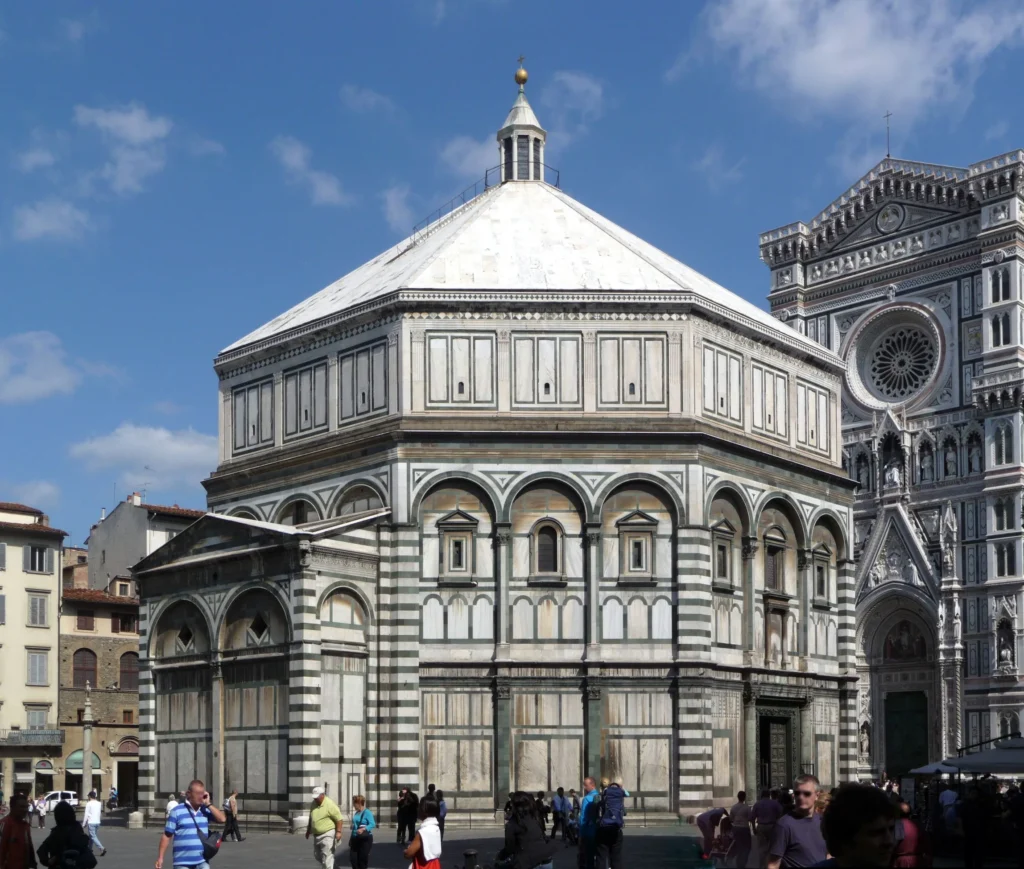 Florence Baptistery of St John with distinctive white Statuario marble and green Prato marble geometric patterns