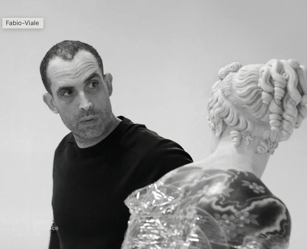 Contemporary artist Fabio Viale with classical marble sculptures in black and white