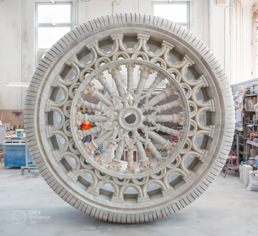 Intricate circular marble carving wheel in artist workshop showcasing precision craftsmanship